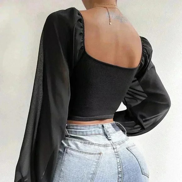 Black Casual Women's Sweetheart Neck Drawstring Lantern Sleeve Crop Top - Picture 2 of 5